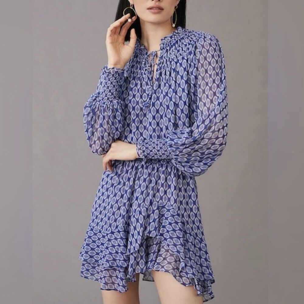 MISA Almaha Mini Dress Blue Lapis Tile Boho Smocked Waist Small